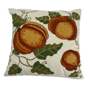 Pier 1 Harvest Decorative Holiday Throw Pillow Embroidered Pumpkins and Leaves